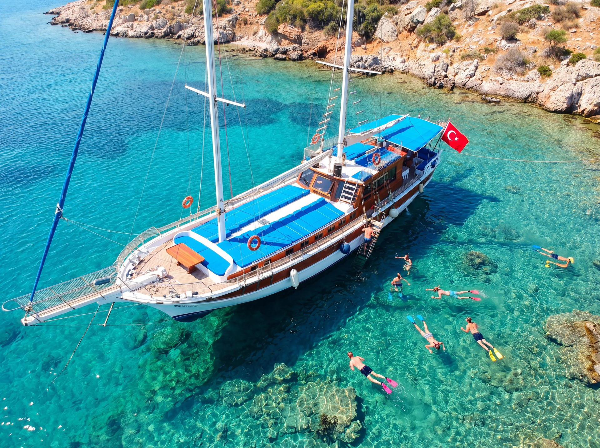 Bodrum'da turkuaz koyda demirli gulet ve şnorkelle yüzen misafirler